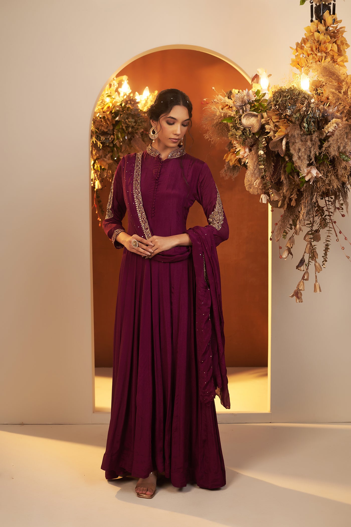 Wine Anarkali Suit with dupatta.