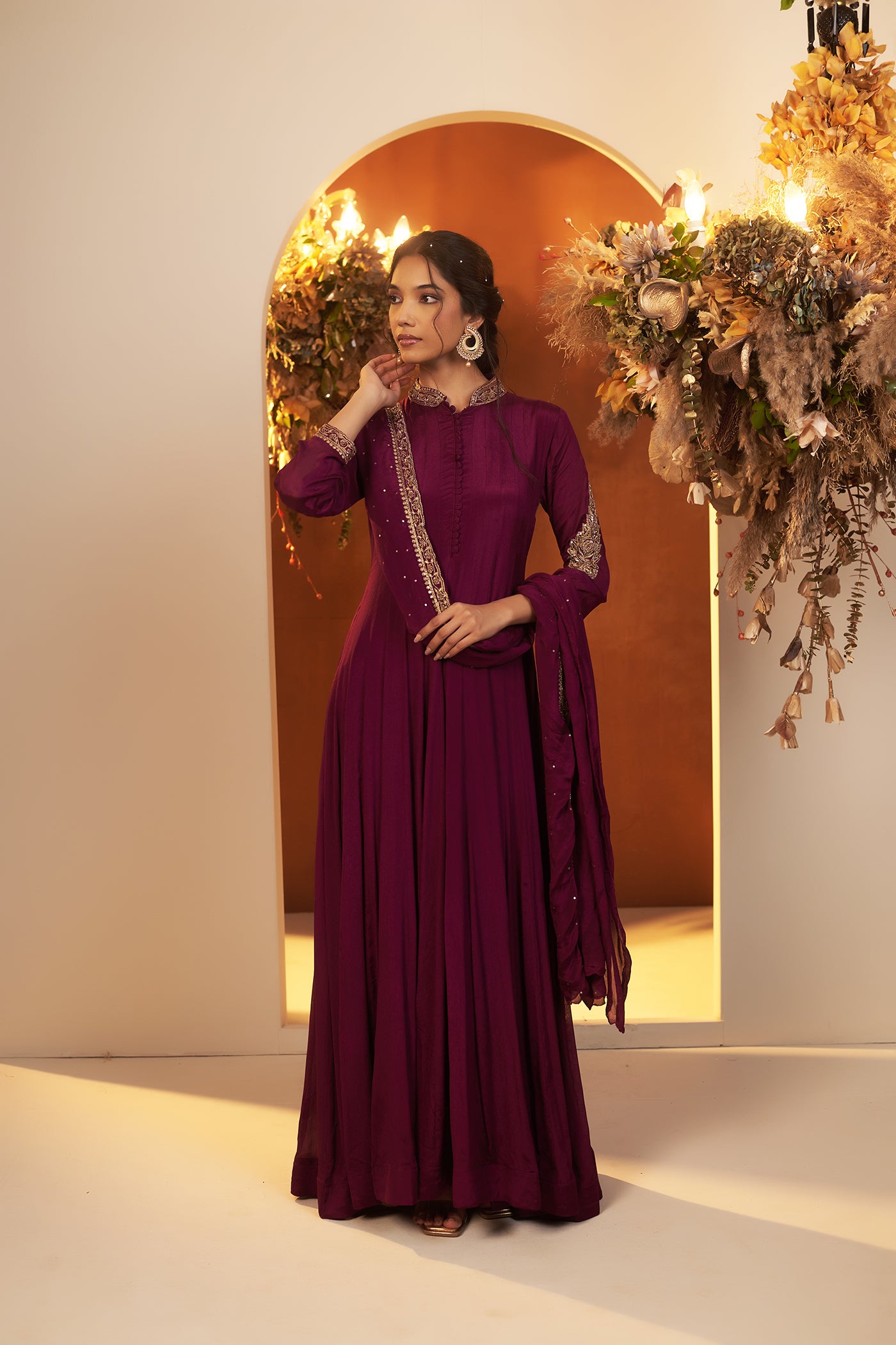 Wine Anarkali Suit with dupatta.