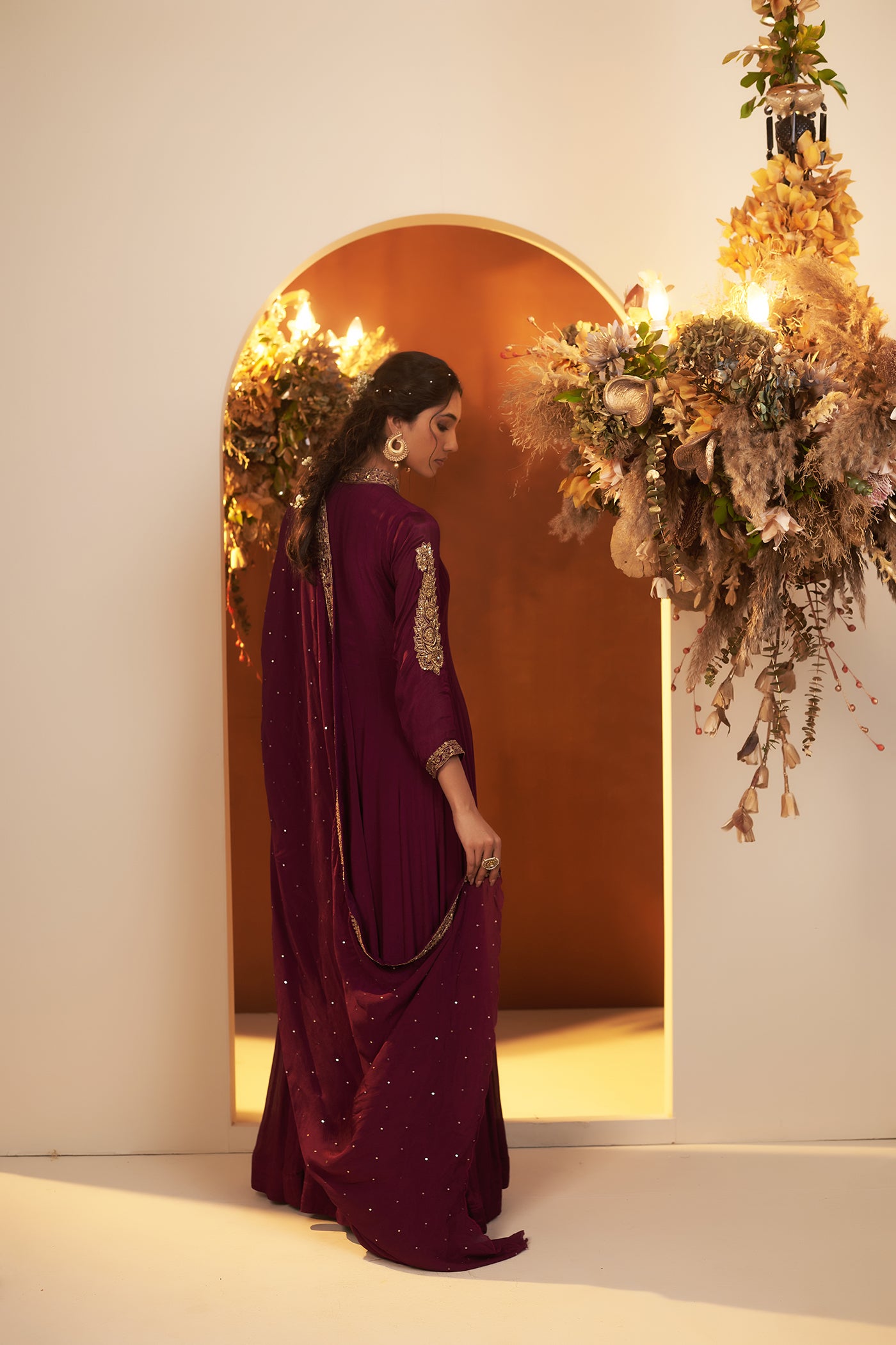 Wine Anarkali Suit with dupatta.