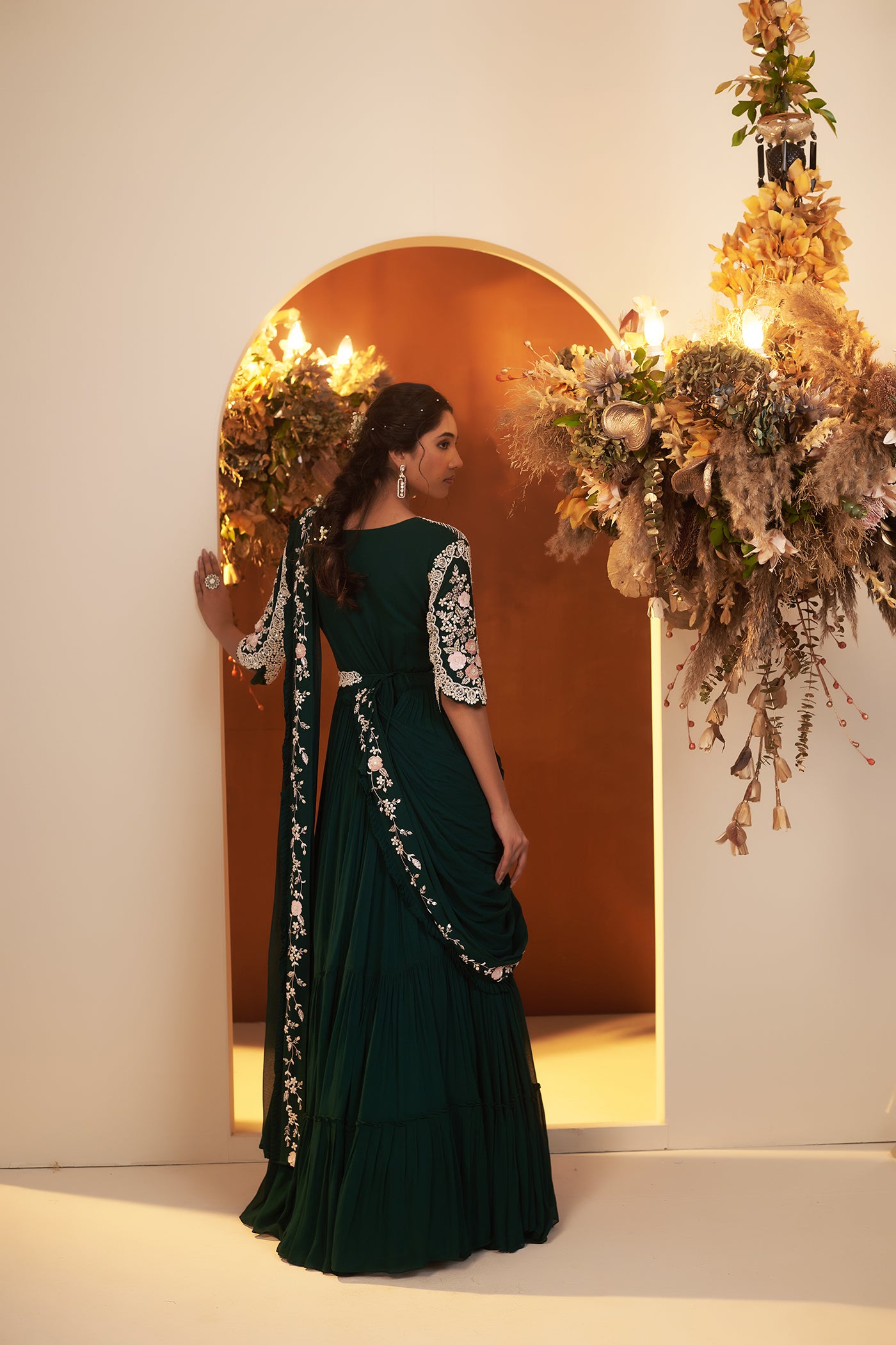 Emerald green Draped Gown with Belt.