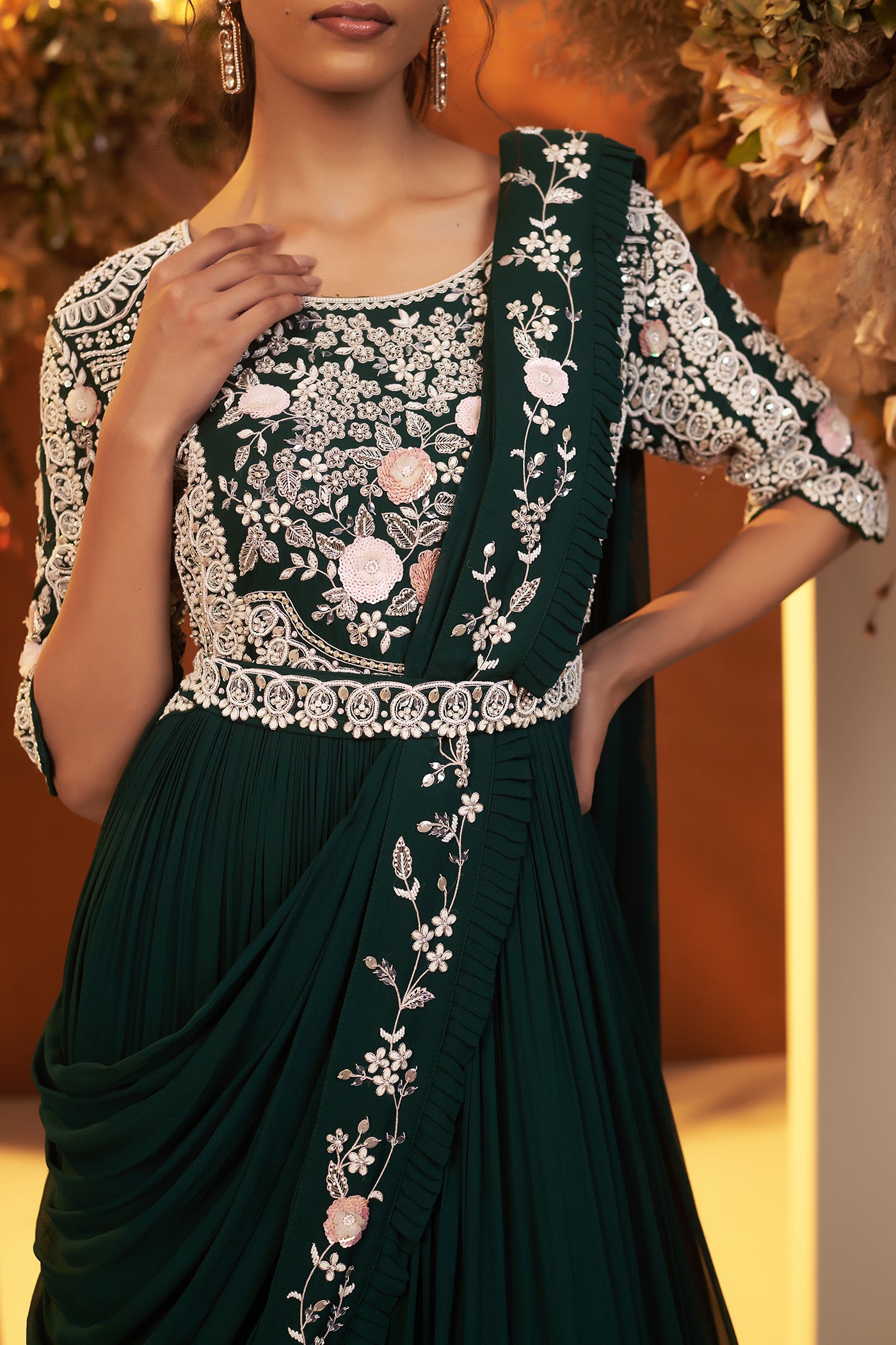 Emerald green Draped Gown with Belt.