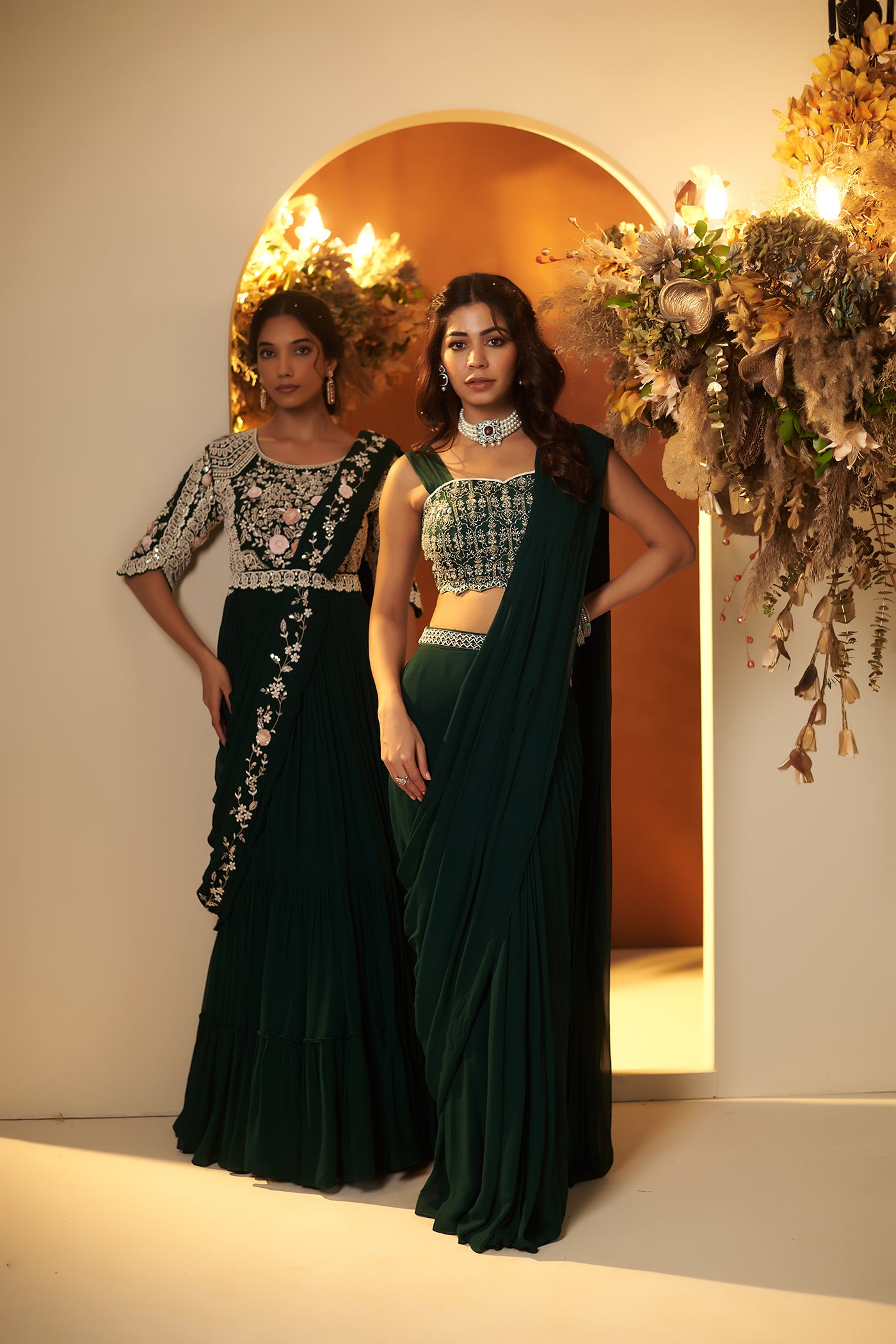 Emerald green Draped Gown with Belt.