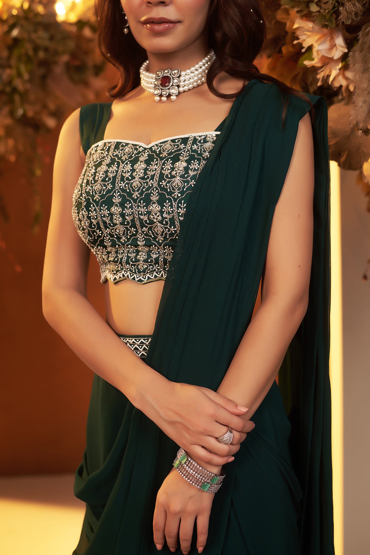 Emerald  Green Draped Saree Set.