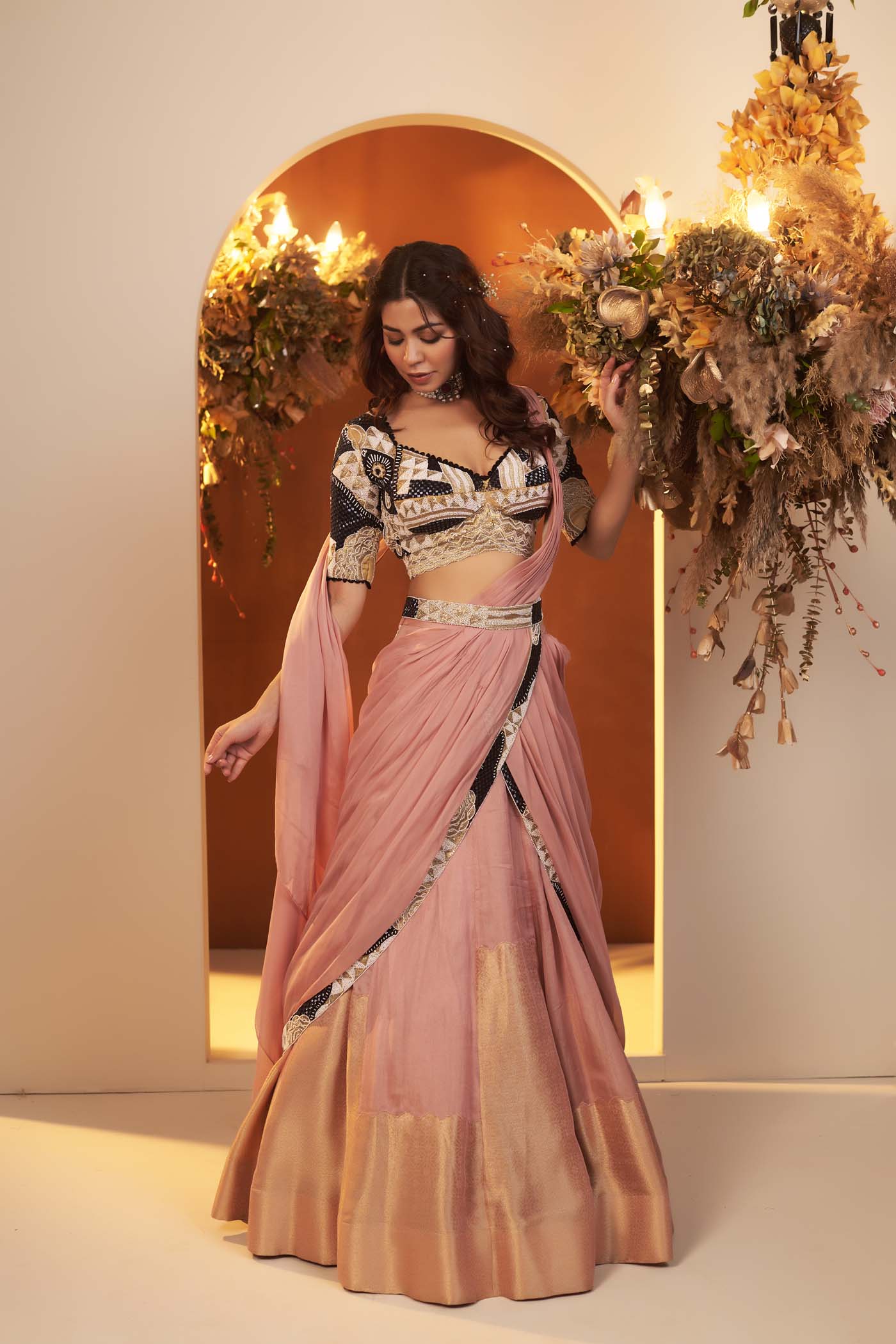 Pearl Pink Draped Lehenga Saree Set (RTS)