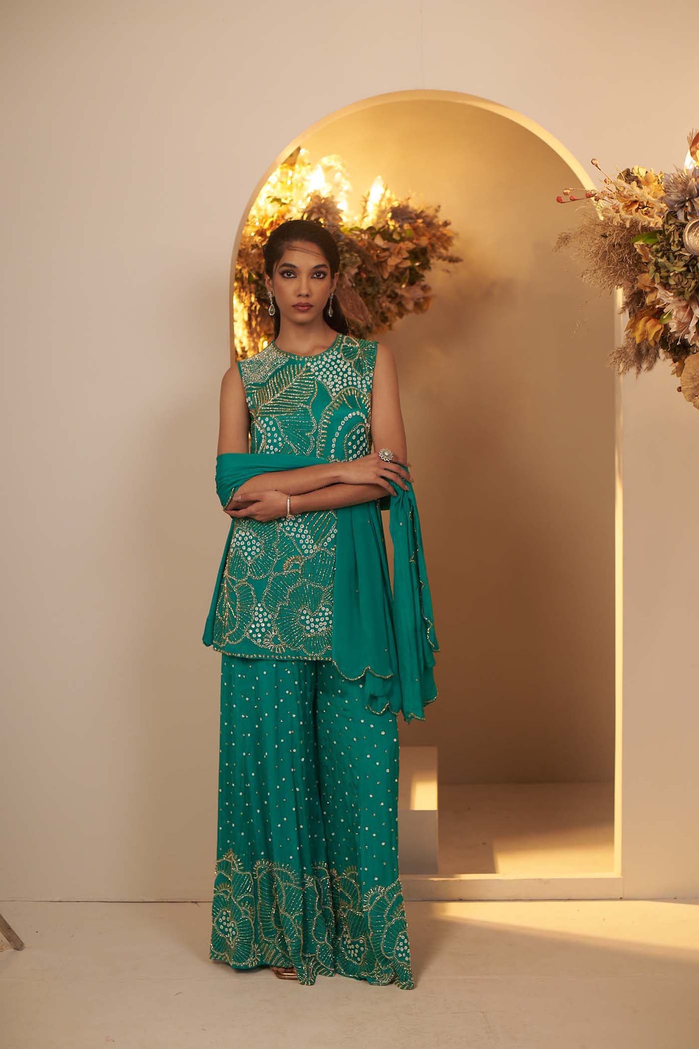 Turqouise green sharara set