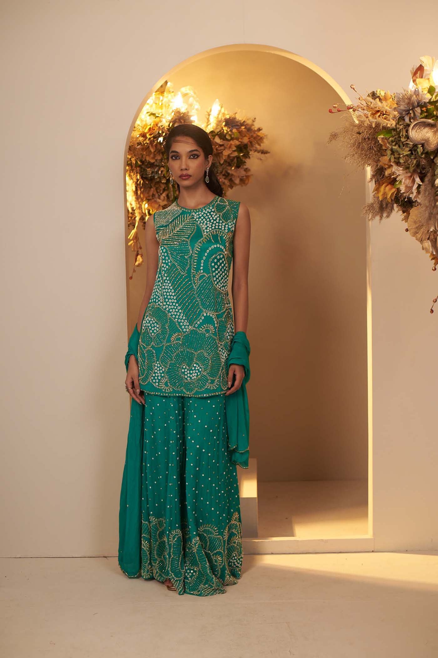 Turqouise green sharara set