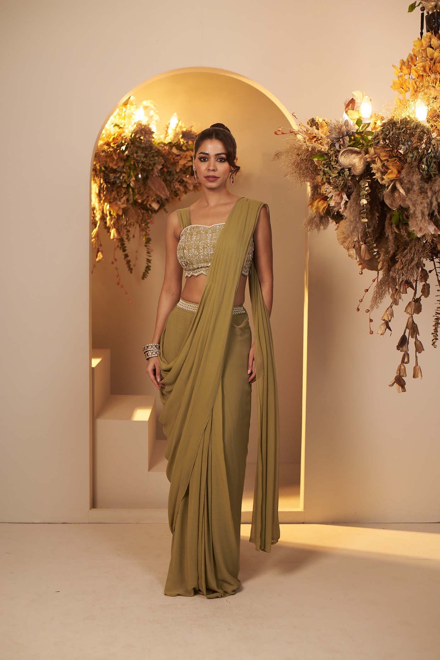 Sage Green Draped Saree Set