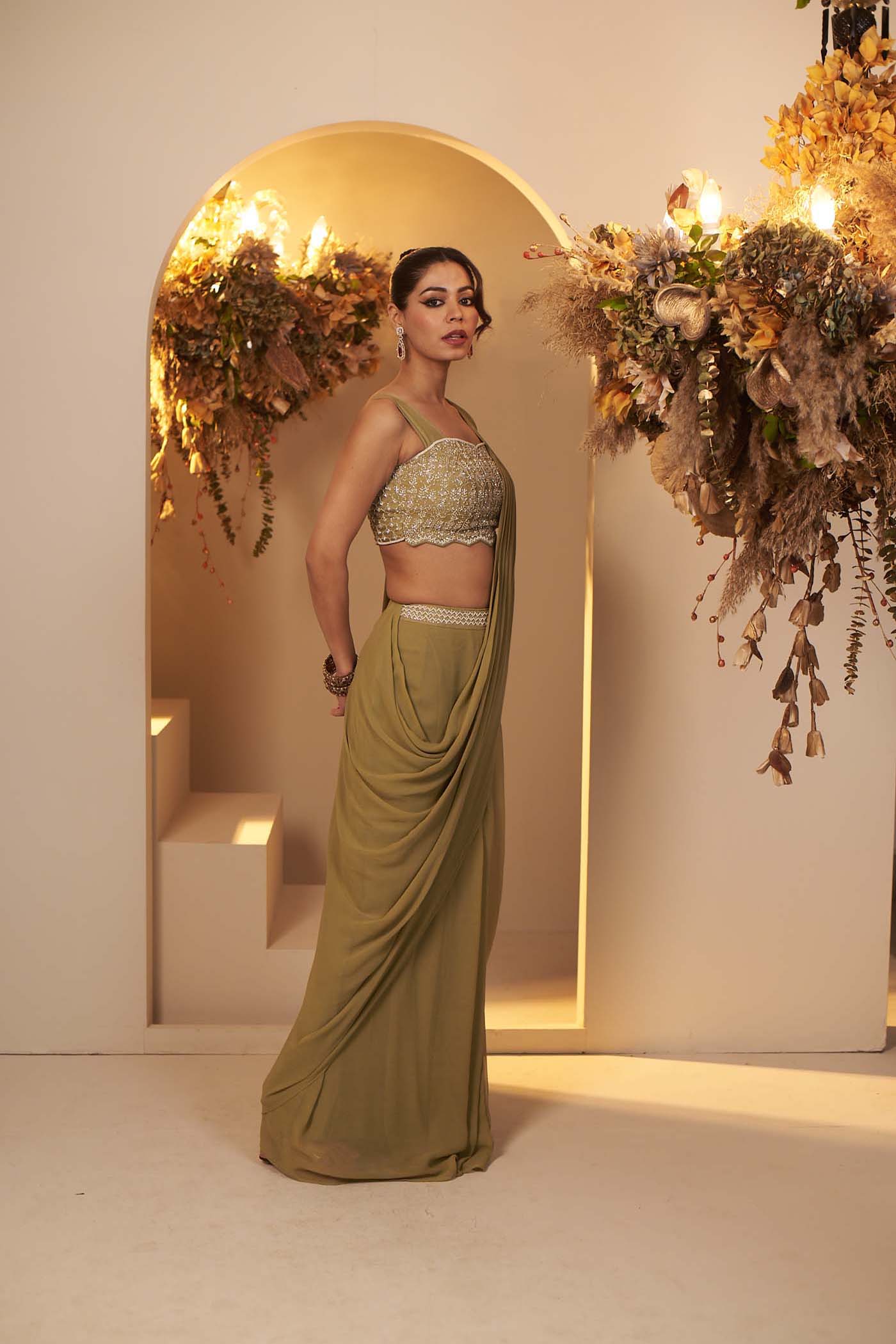 Sage Green Draped Saree Set