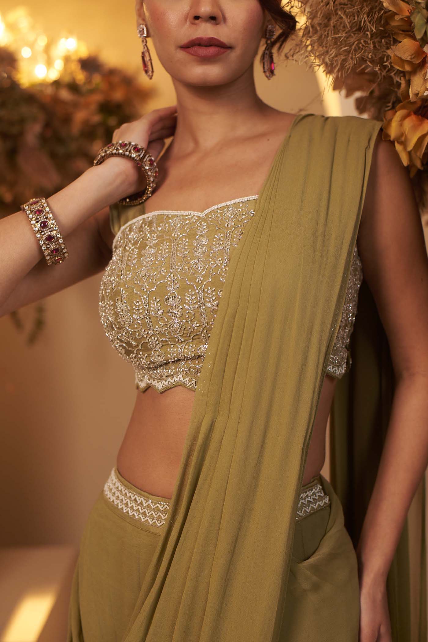 Sage Green Draped Saree Set