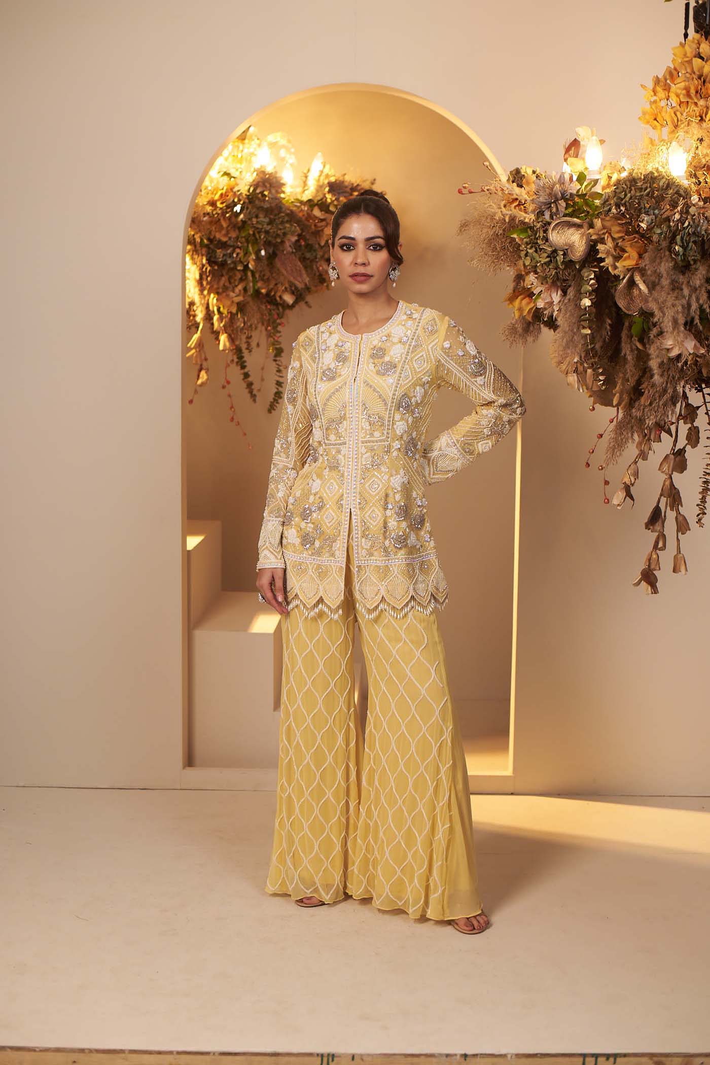 Pastel Yellow short kurta with Palazzo Set