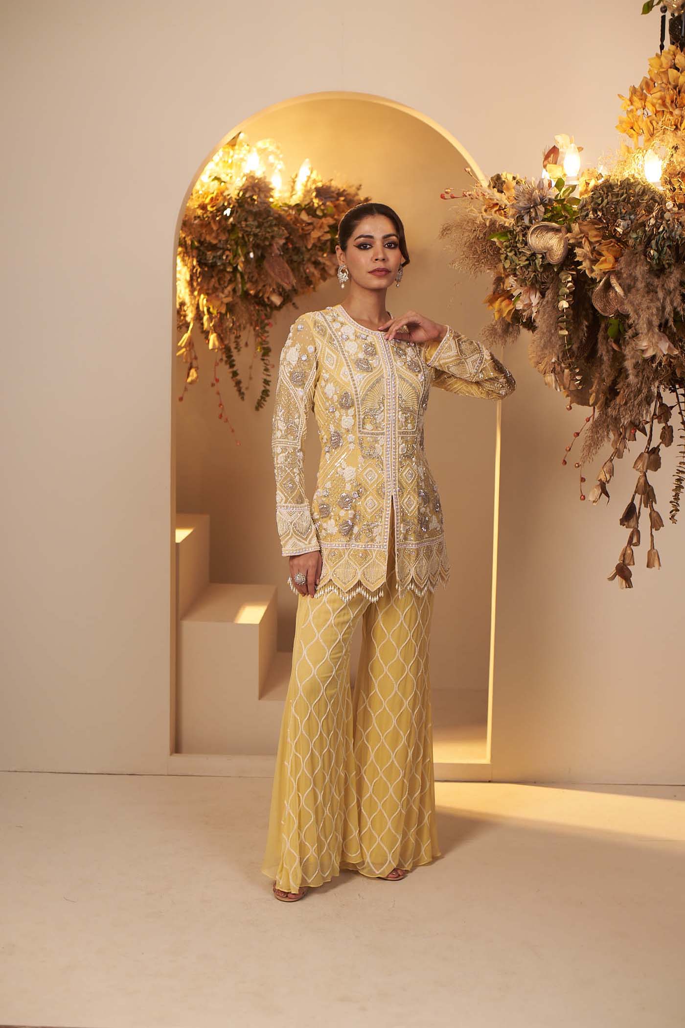 Pastel Yellow short kurta with Palazzo Set