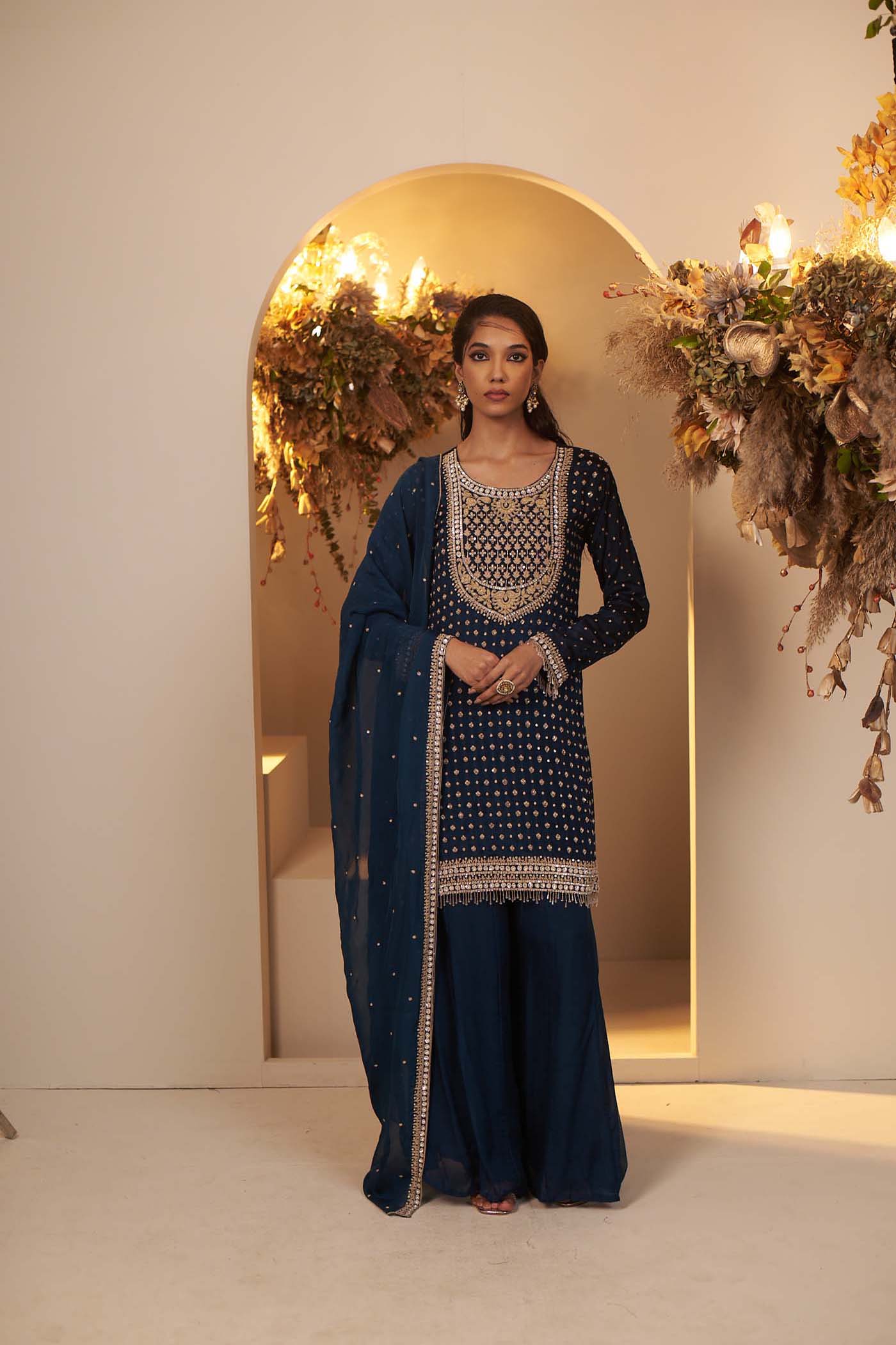 English Blue rich and intricately embroidered kurta Set