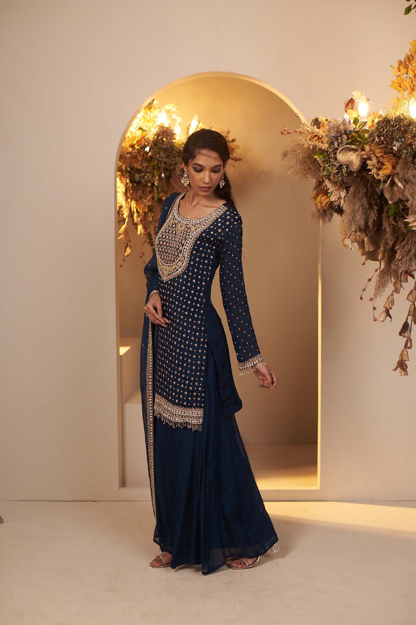 English Blue rich and intricately embroidered kurta Set