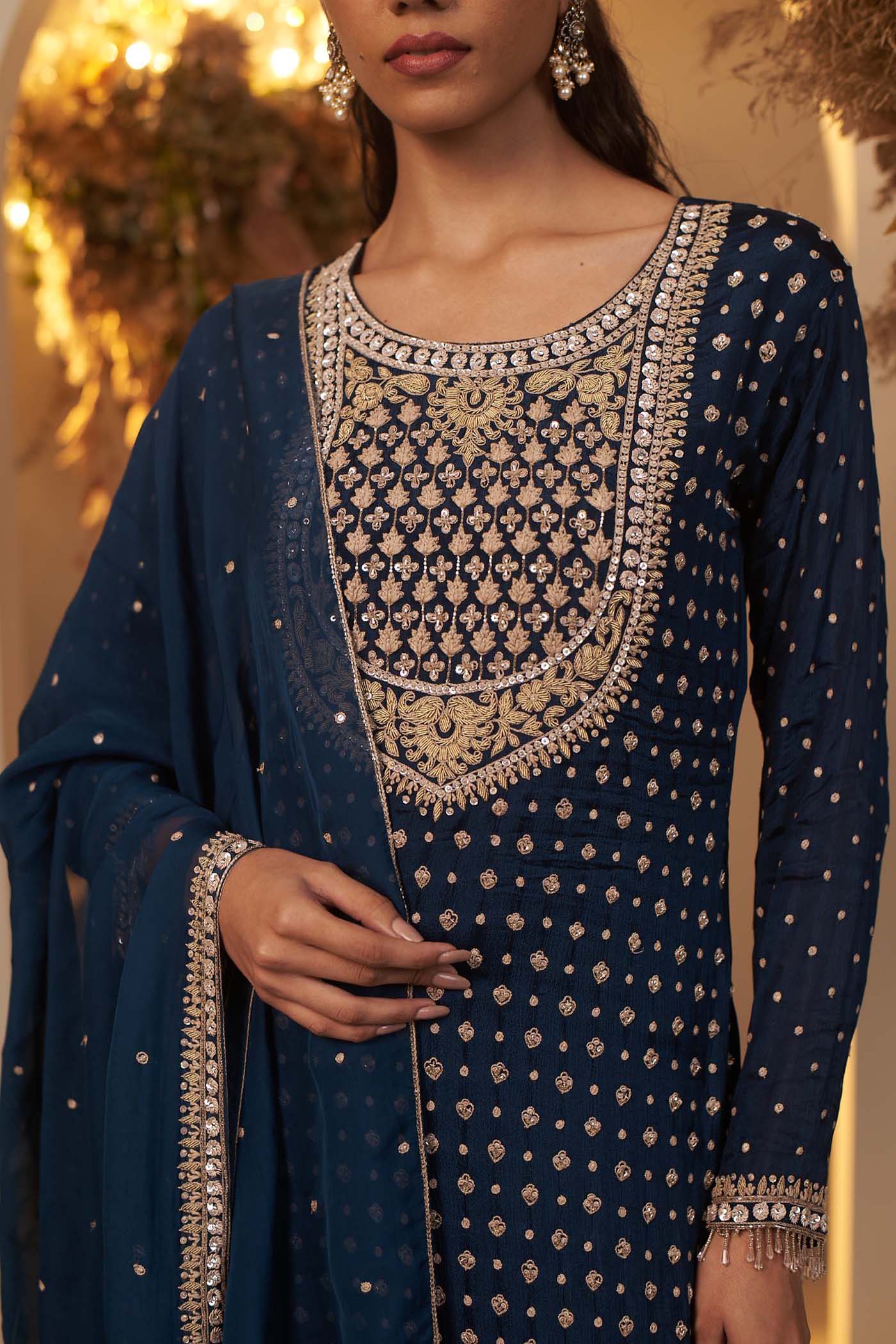 English Blue rich and intricately embroidered kurta Set