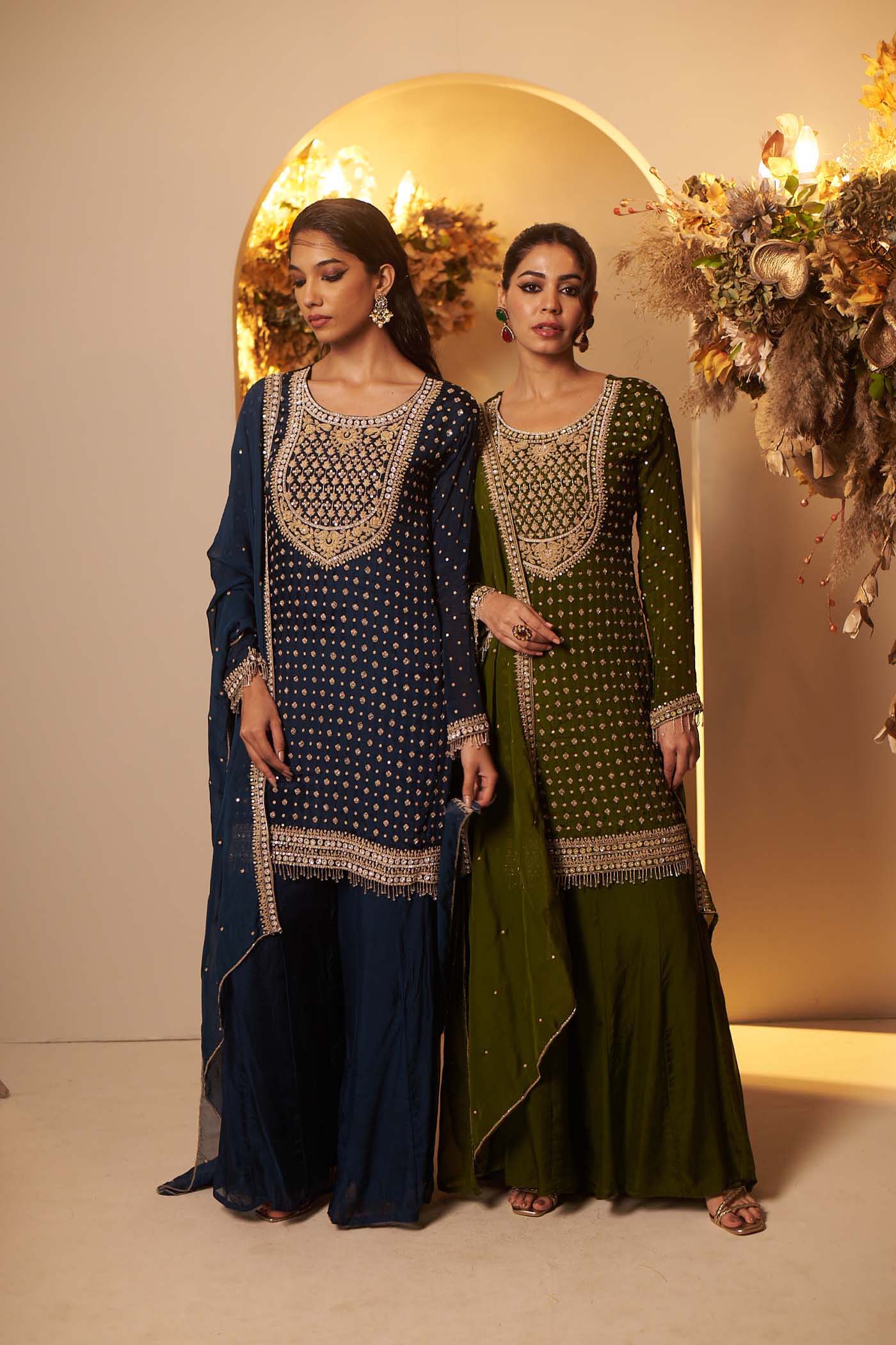 Olive Green rich and intricately embroidered kurta Set