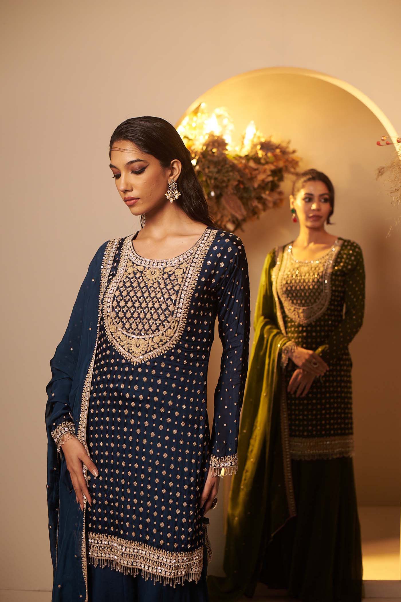 English Blue rich and intricately embroidered kurta Set