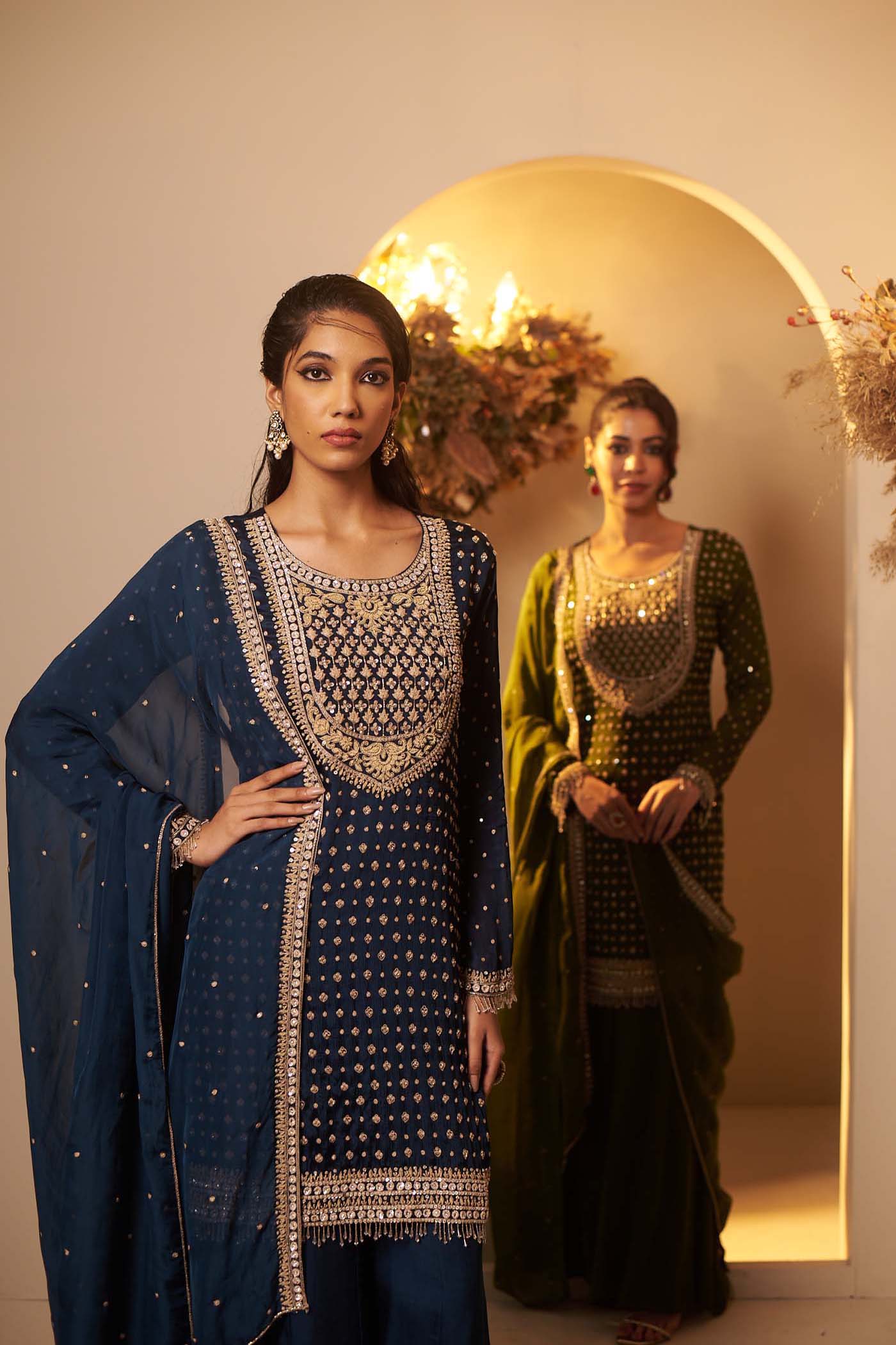 English Blue rich and intricately embroidered kurta Set