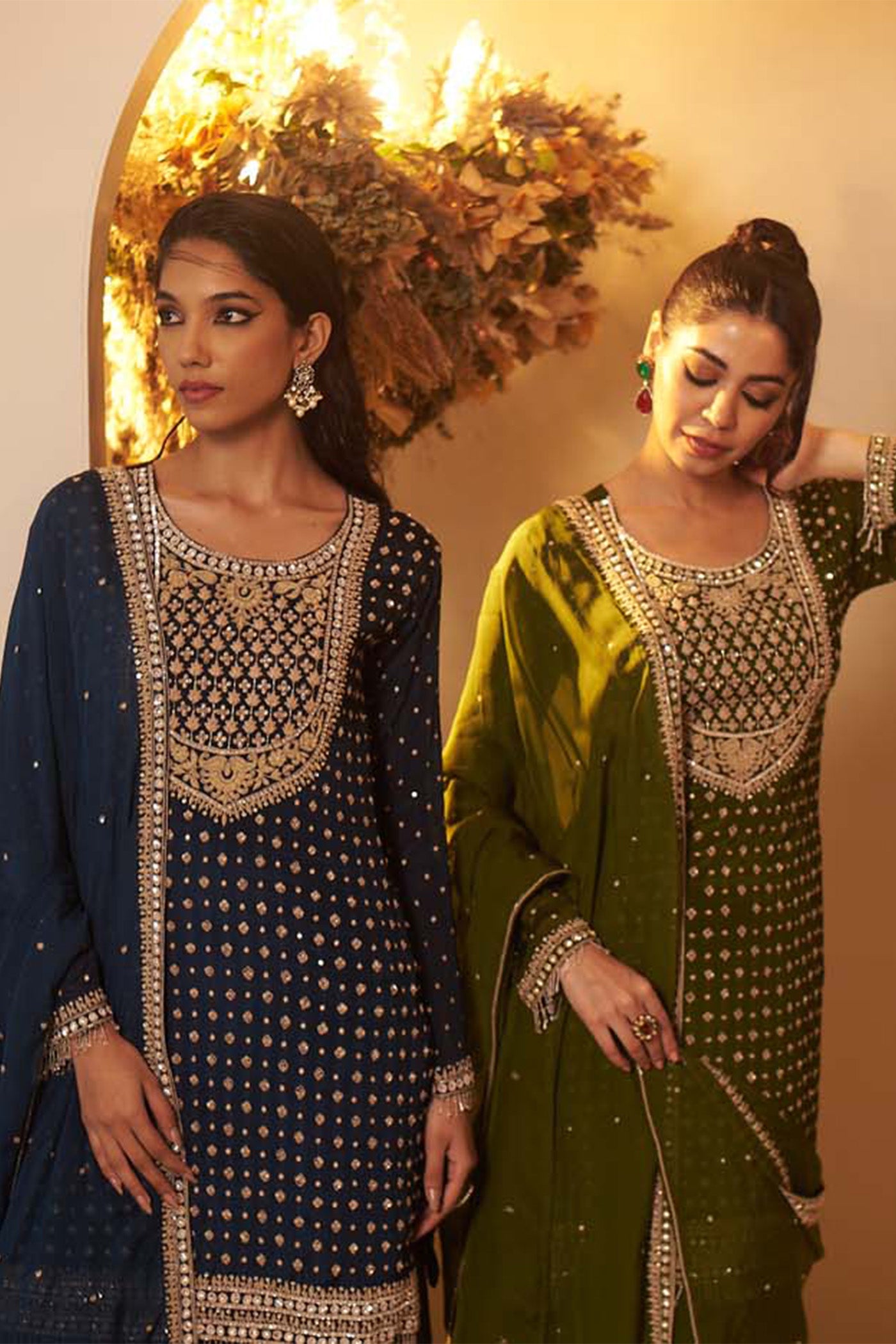 Olive Green rich and intricately embroidered kurta Set