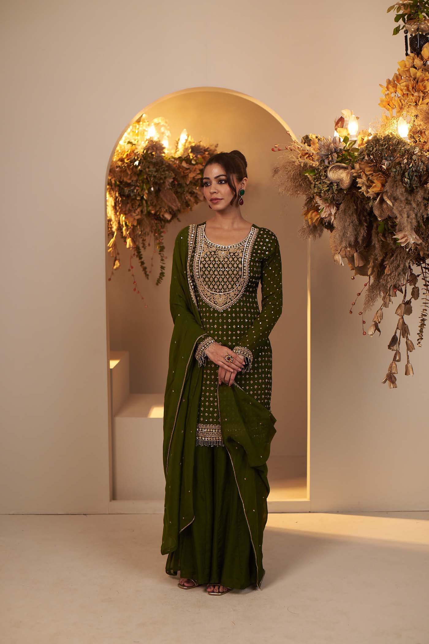 Olive Green rich and intricately embroidered kurta Set