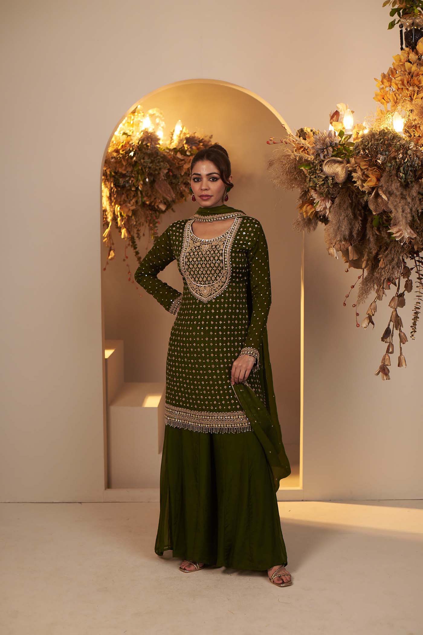 Olive Green rich and intricately embroidered kurta Set