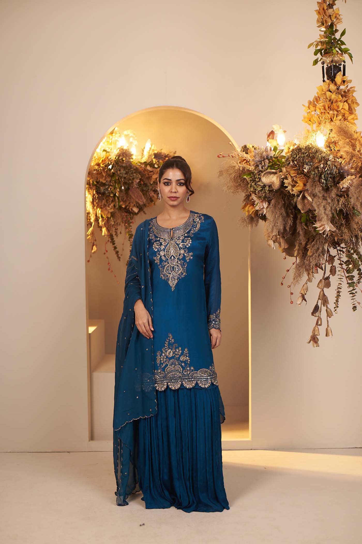 Peacock Blue Suit with Sharara Set