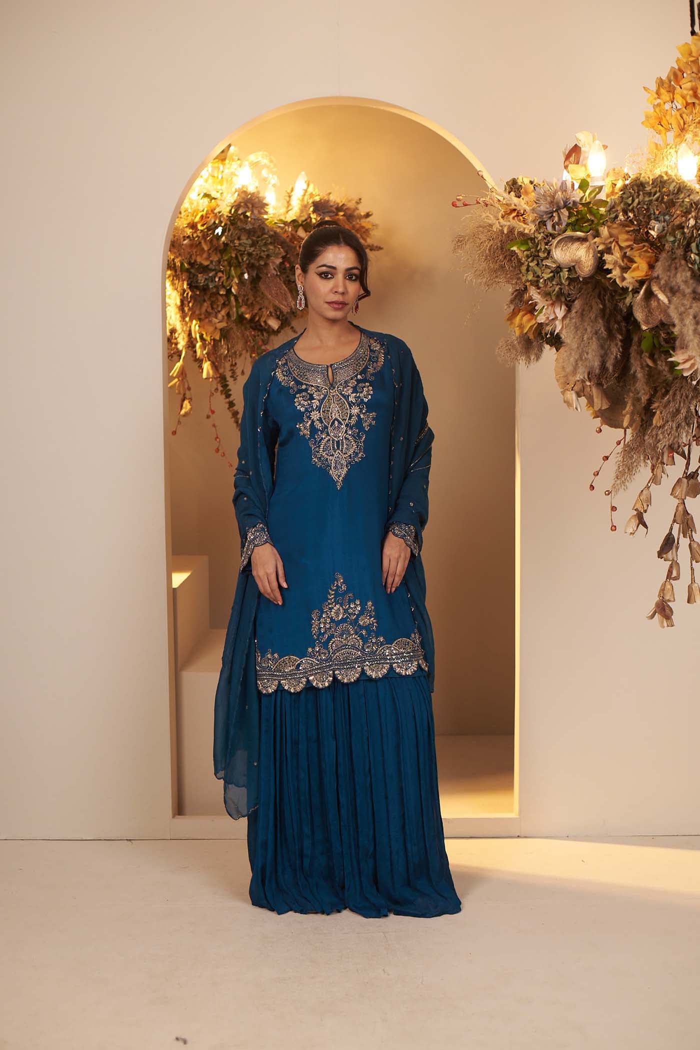 Peacock Blue Suit with Sharara Set