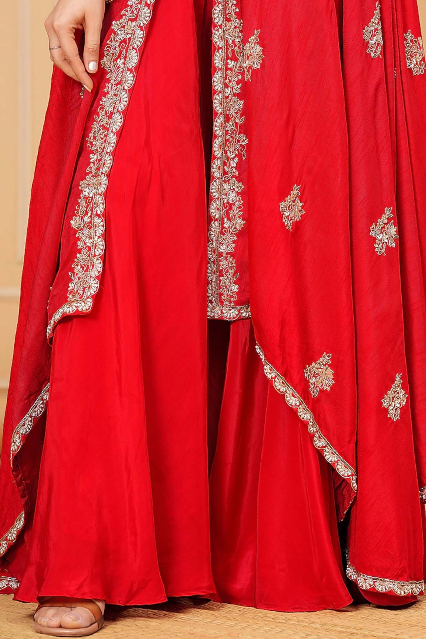 Red High-low Embroidered Anarkali Suit with Sharara and Dupatta