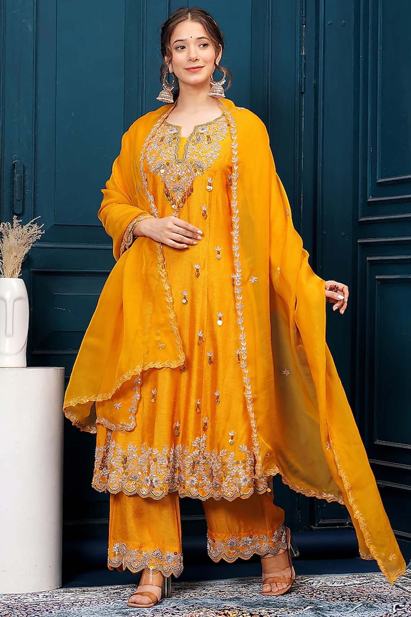 Mustard Yellow Short Anarkali with Palazzo and Organza Dupatta