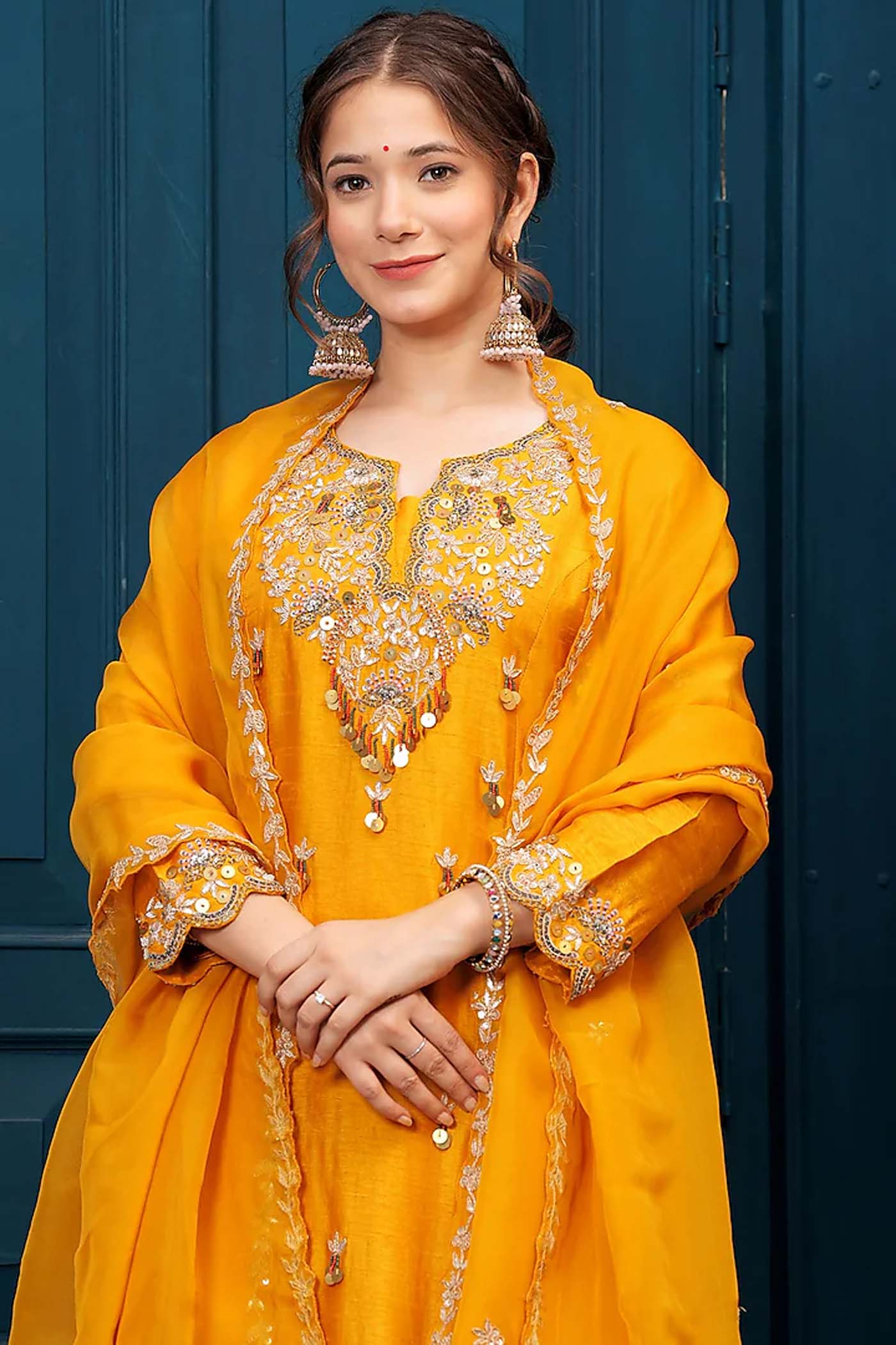 Mustard Yellow Short Anarkali with Palazzo and Organza Dupatta