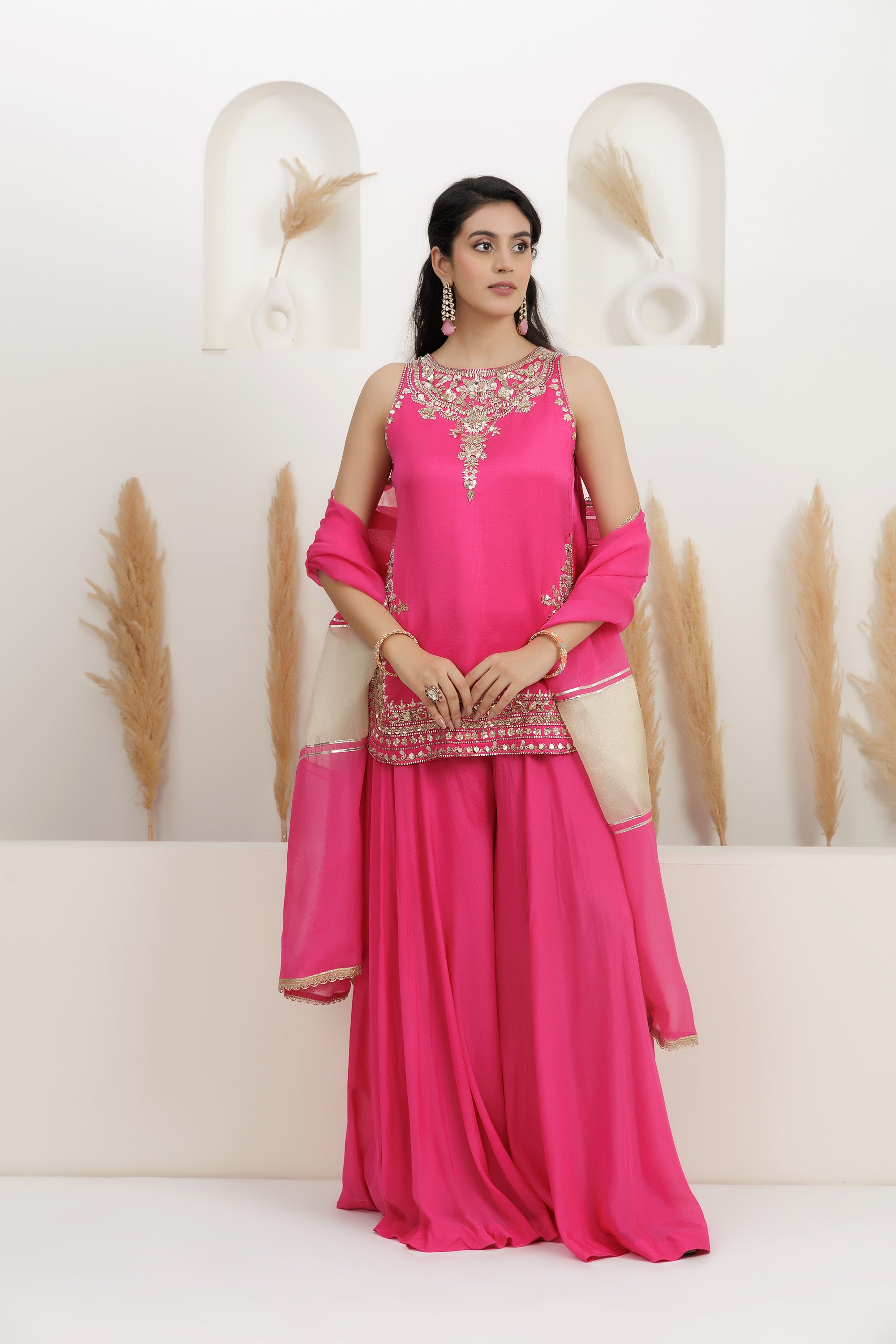 fuchsia pink satin silk Embroidered sharara suit set