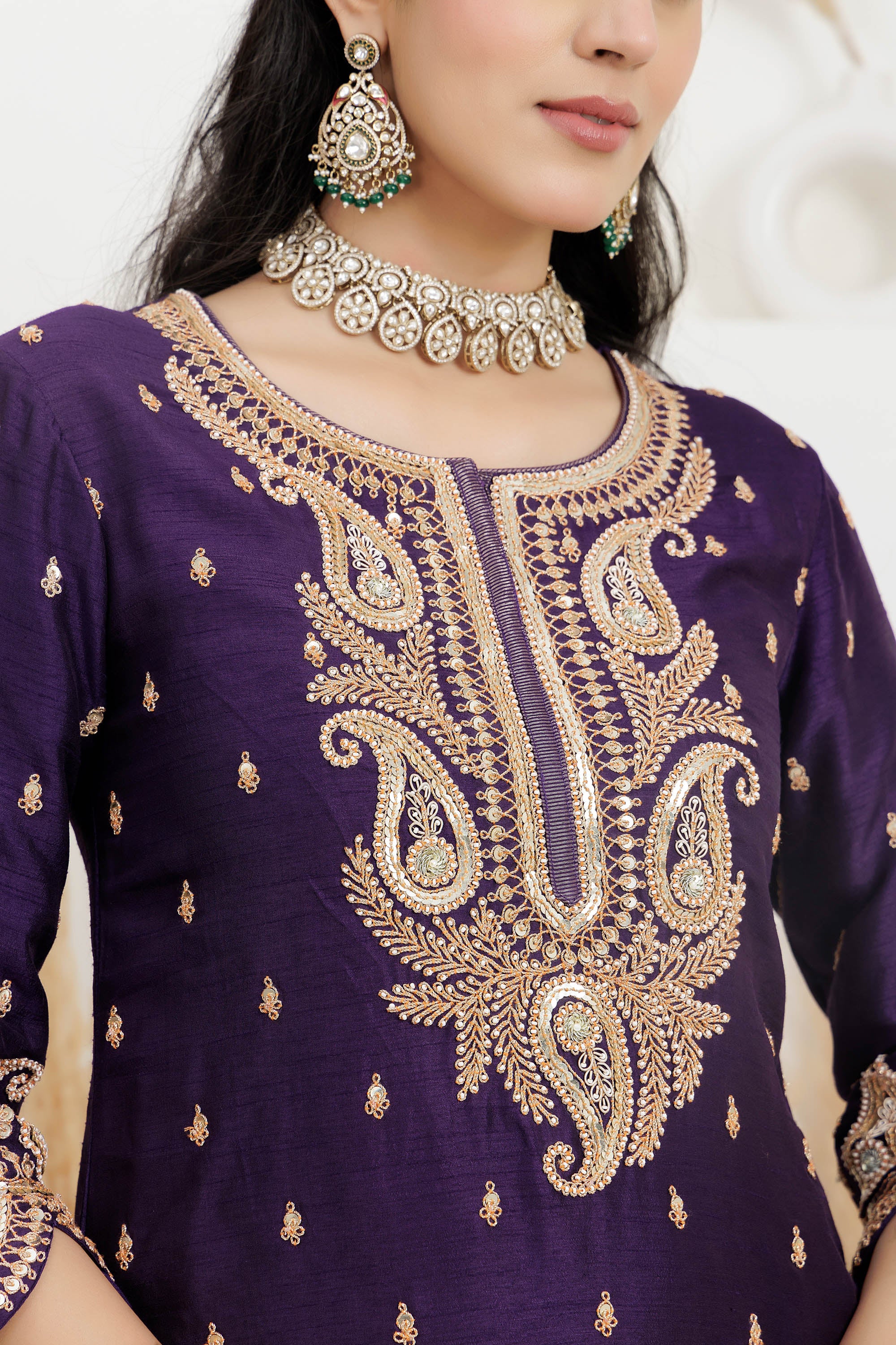 purple bamber silk suit with palazzo and dupatta.