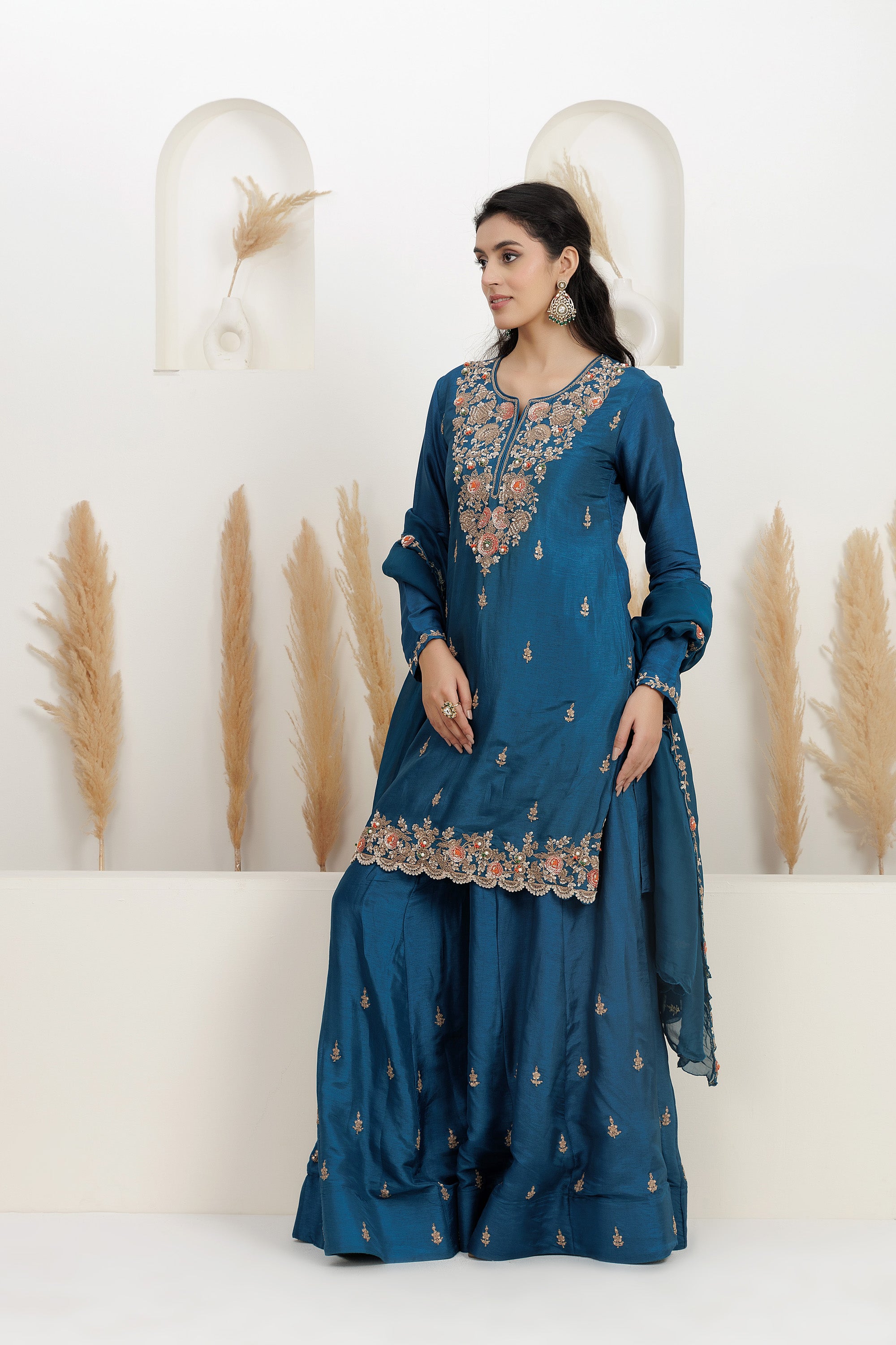royal blue Pure bamber Silk Sharara Set