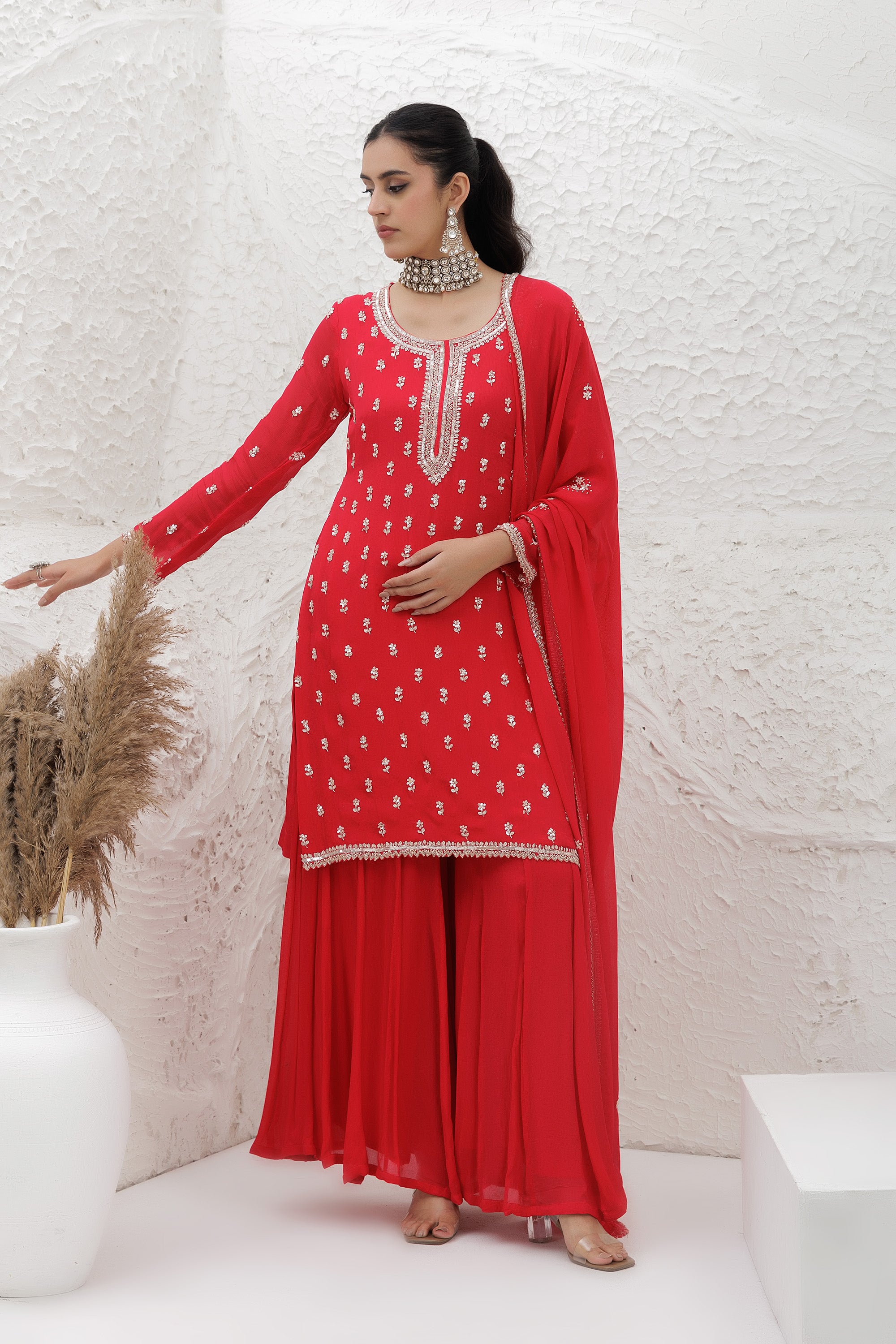 scarlet red chinon Georgette Embroidered sharara suit set.